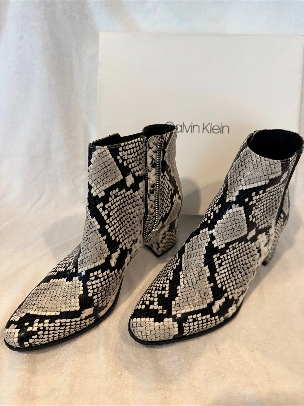 Calvin Klein Black & White Snake-Print Ankle Booties